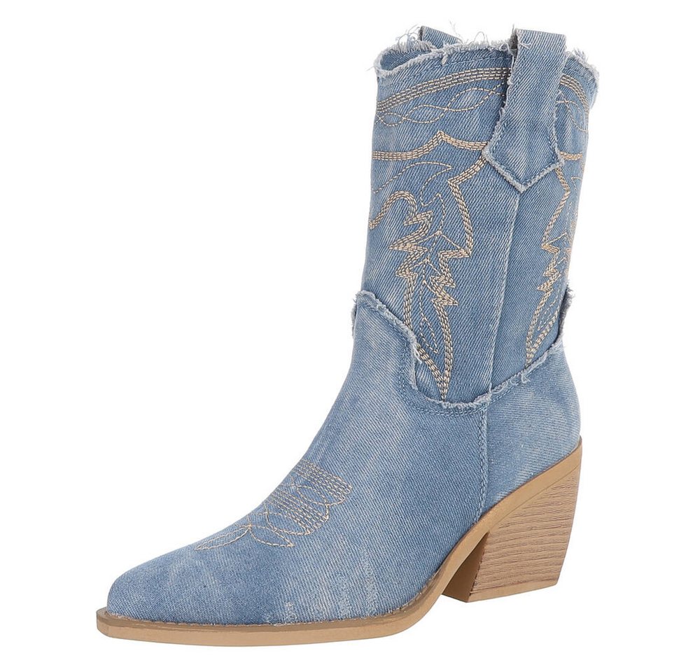 Ital-Design Damen Cowboyboots Freizeit Westernstiefelette (88843750) Blockabsatz Stiefeletten in Hellblau