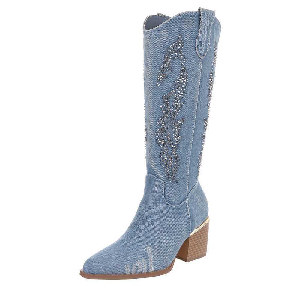 Ital-Design Damen Cowboyboots Western Sommerboots (88843719) Blockabsatz Stiefel in Hellblau