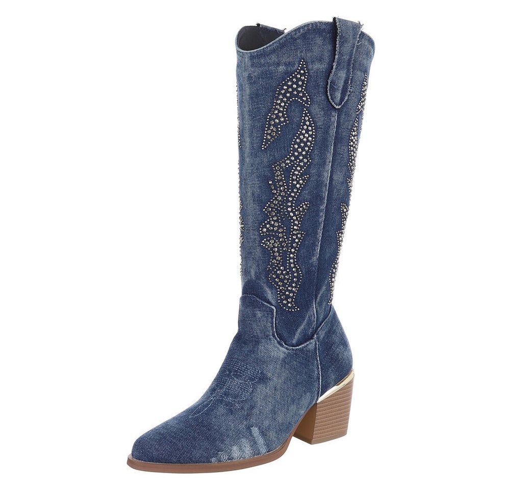 Ital-Design Damen Cowboyboots Western Sommerboots (88843720) Blockabsatz Stiefel in Blau