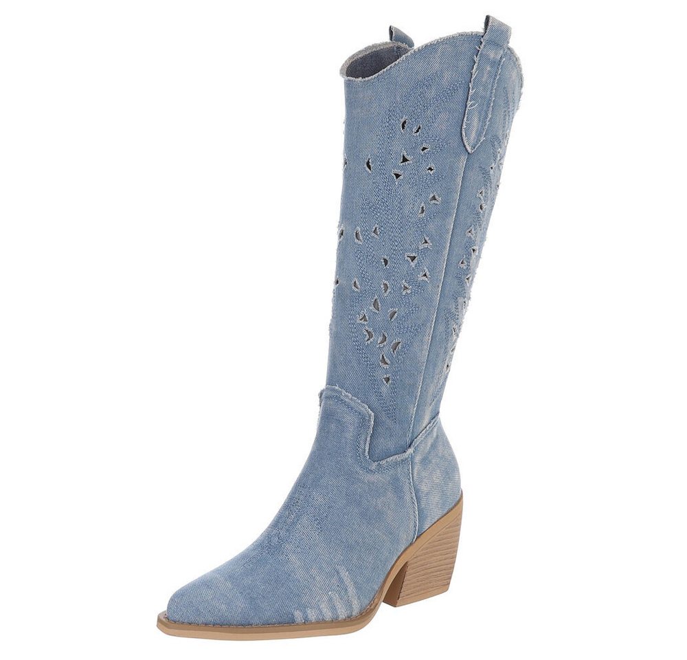 Ital-Design Damen Cowboyboots Western Sommerboots (88843818) Blockabsatz Stiefel in Hellblau