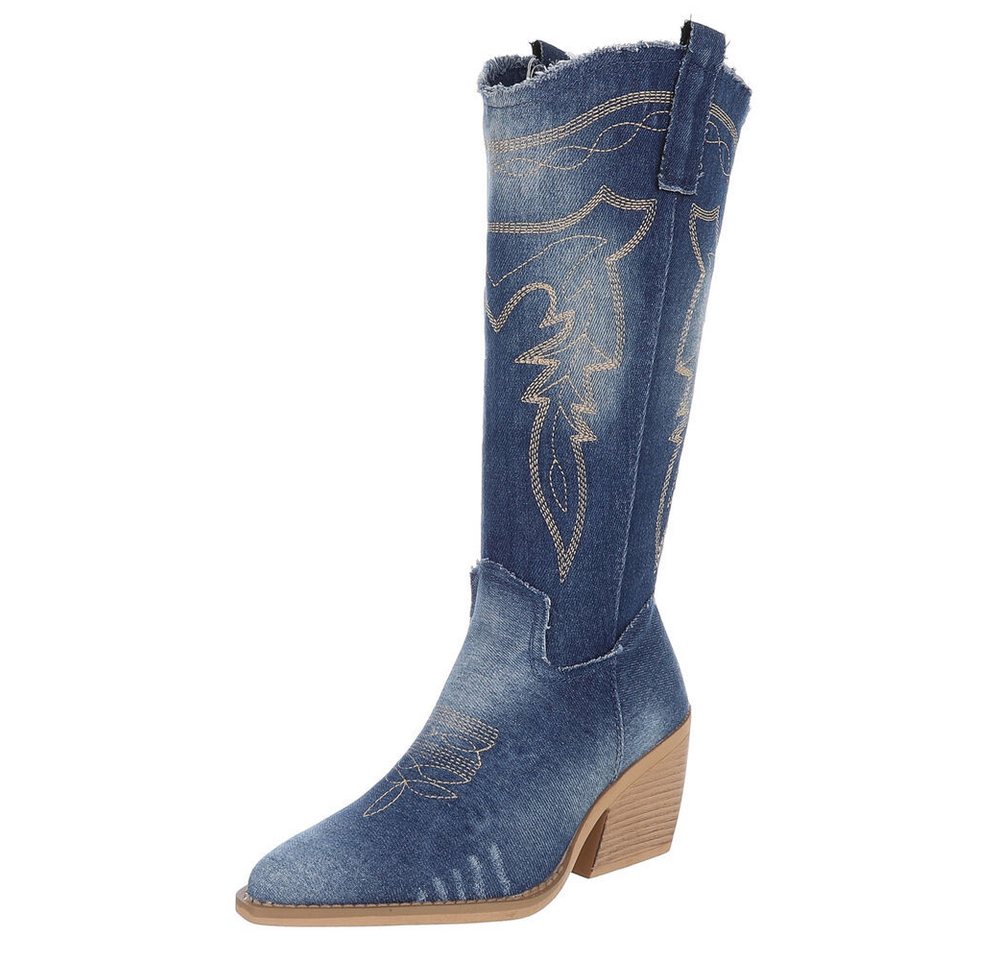 Ital-Design Damen Cowboyboots Western Sommerboots (88843842) Blockabsatz Stiefel in Blau