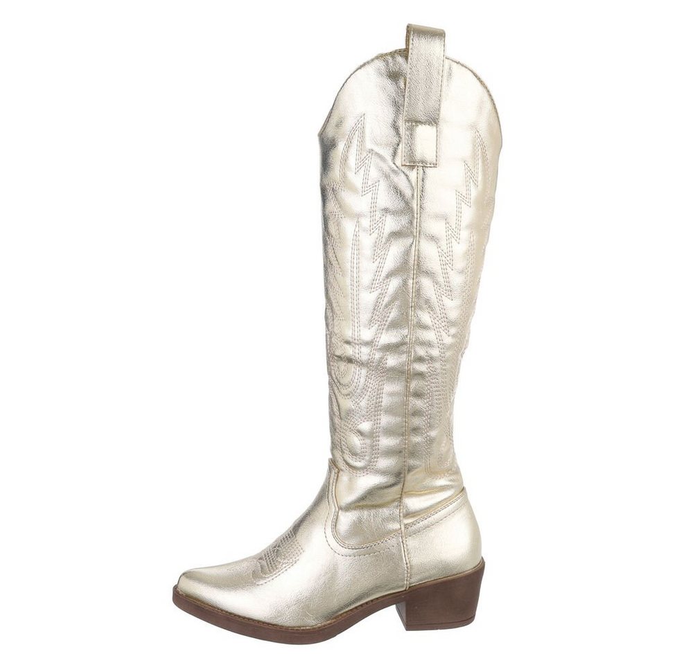 Ital-Design Damen Cowboyboots Western Westernstiefel Blockabsatz Western- & Bikerstiefel in Gold