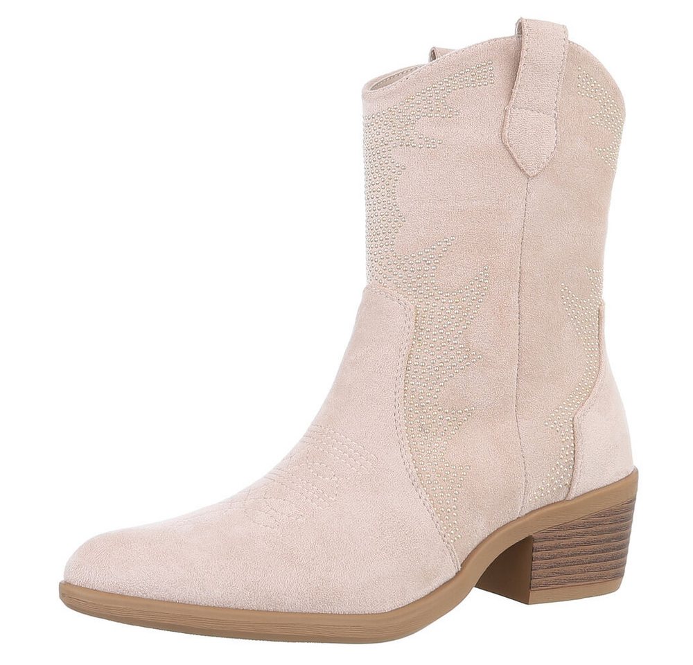 Ital-Design Damen Cowboyboots Western Westernstiefelette (88812599) Blockabsatz Stiefeletten in Beige