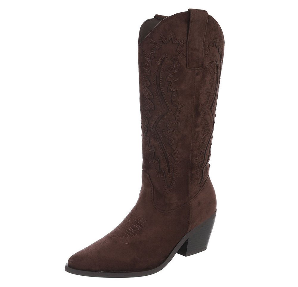 Ital-Design Damen Cowboystiefel mit Blockabsatz und Prägung Westernstiefel (92002503) Blockabsatz Stiefel in Braun