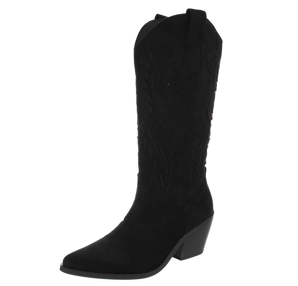 Ital-Design Damen Cowboystiefel mit Blockabsatz und Prägung Westernstiefel (92002509) Blockabsatz Stiefel in Schwarz