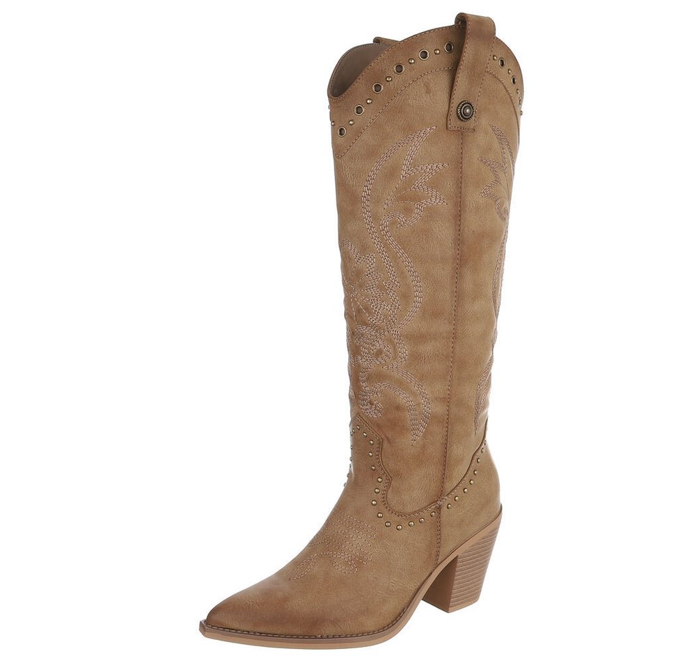 Ital-Design Damen Cowboystiefel mit Blockabsatz und Stickerei Westernstiefel (92002473) Blockabsatz Stiefel in Hellbraun