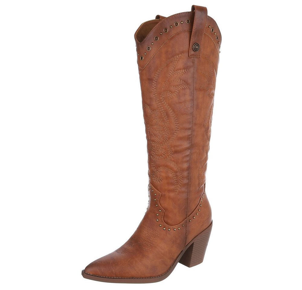 Ital-Design Damen Cowboystiefel mit Blockabsatz und Stickerei Westernstiefel (92002480) Blockabsatz Stiefel in Camel