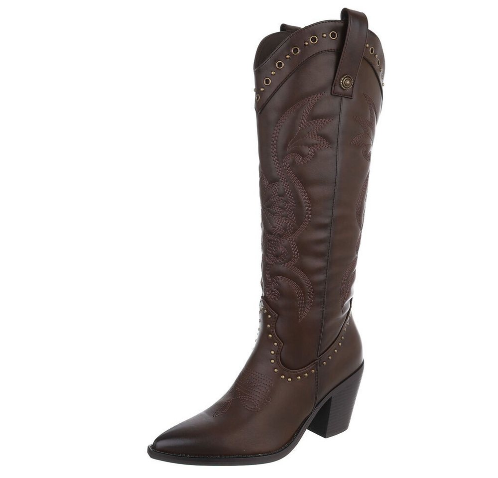 Ital-Design Damen Cowboystiefel mit Blockabsatz und Stickerei Westernstiefel (92002483) Blockabsatz Stiefel in Braun