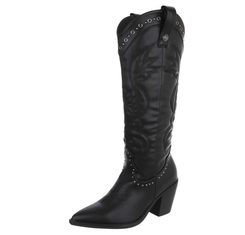 Ital-Design Damen Cowboystiefel mit Blockabsatz und Stickerei Westernstiefel (92002490) Blockabsatz Stiefel in Schwarz