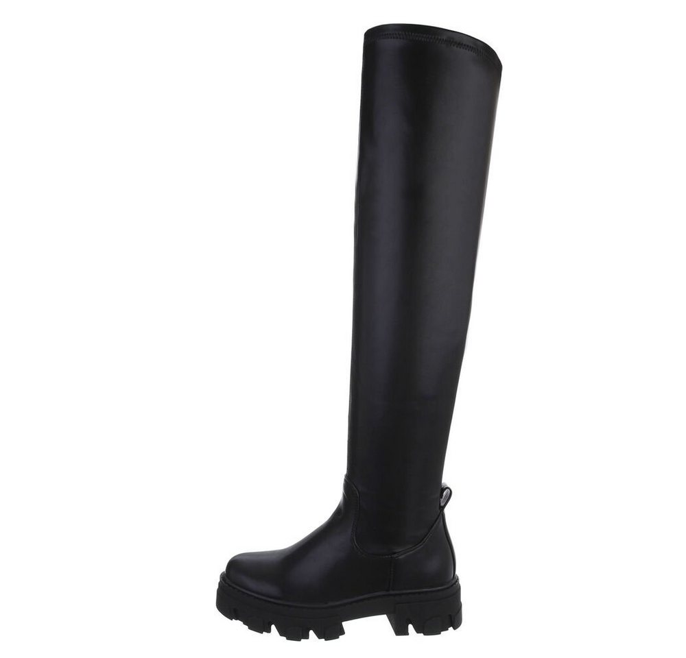 Ital-Design Damen Freizeit Overkneestiefel Blockabsatz Overknees in Schwarz