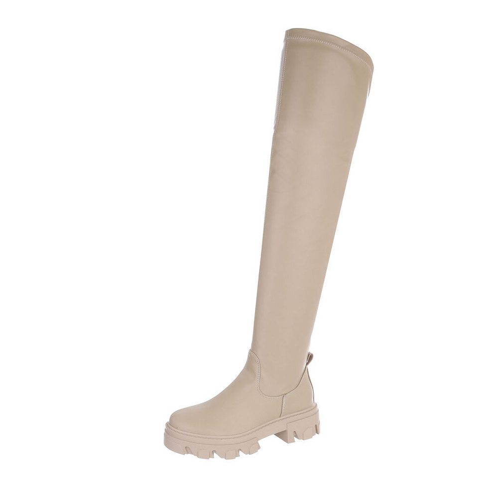 Ital-Design Damen Freizeit Plateaustiefel (87124828) Blockabsatz Overknees in Beige