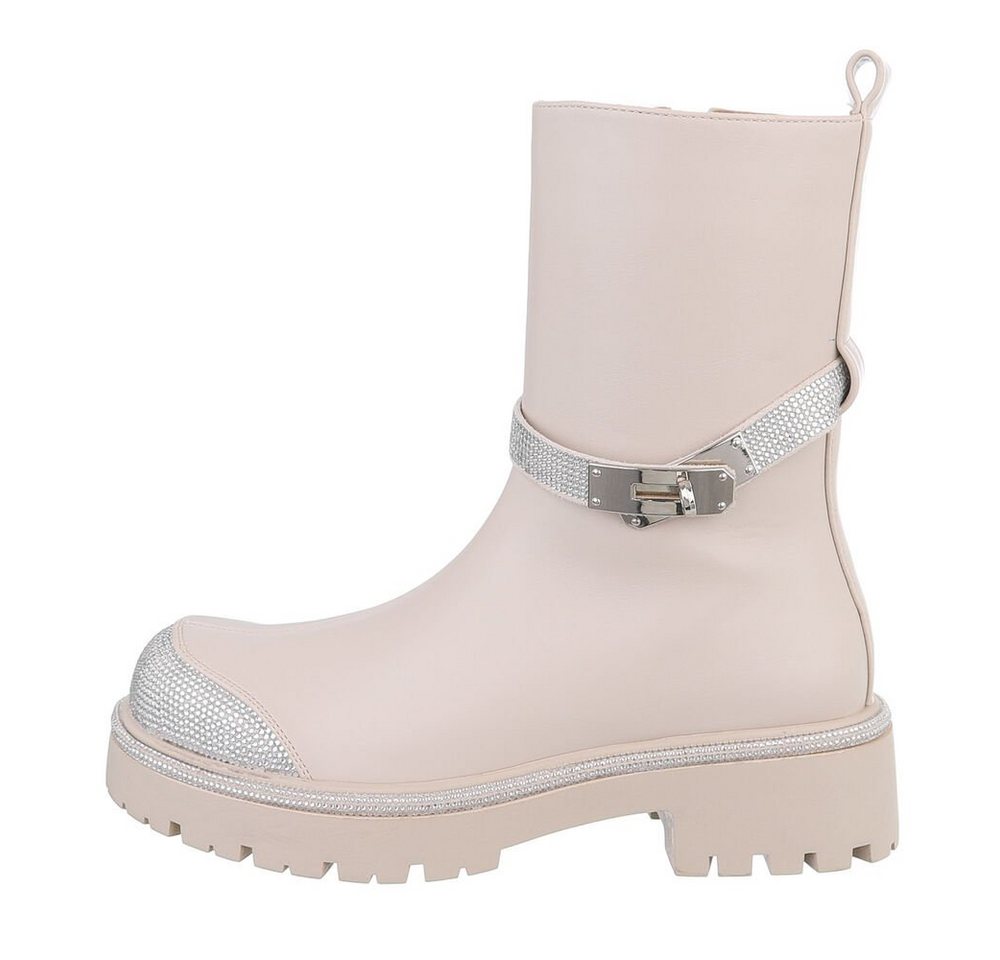 Ital-Design Damen Freizeit Plateaustiefelette Blockabsatz Plateaustiefeletten in Beige