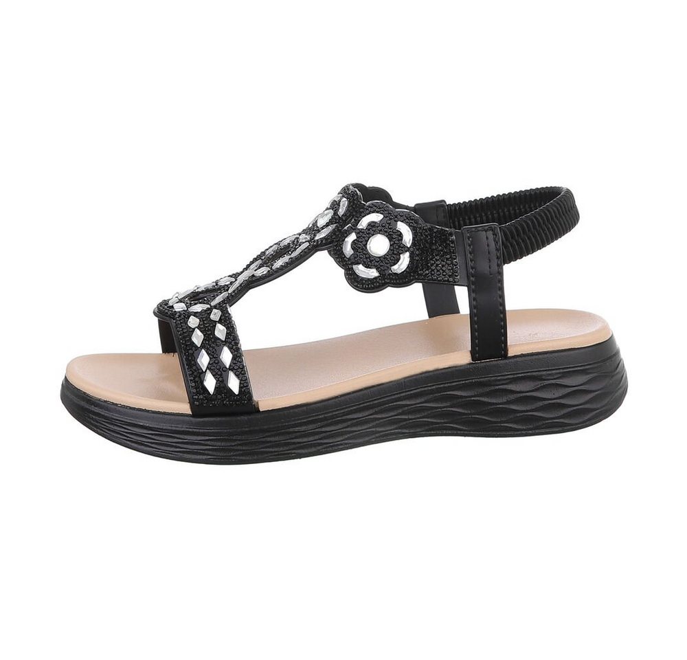 Ital-Design Damen Freizeit Riemchensandalette Keilabsatz/Wedge Keilsandaletten in Schwarz (schwarz)