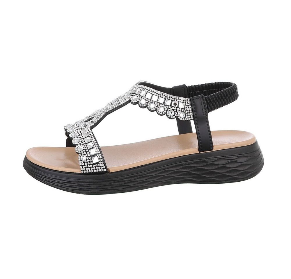 Ital-Design Damen Freizeit Riemchensandalette Keilabsatz/Wedge Keilsandaletten in Schwarz (schwarz)
