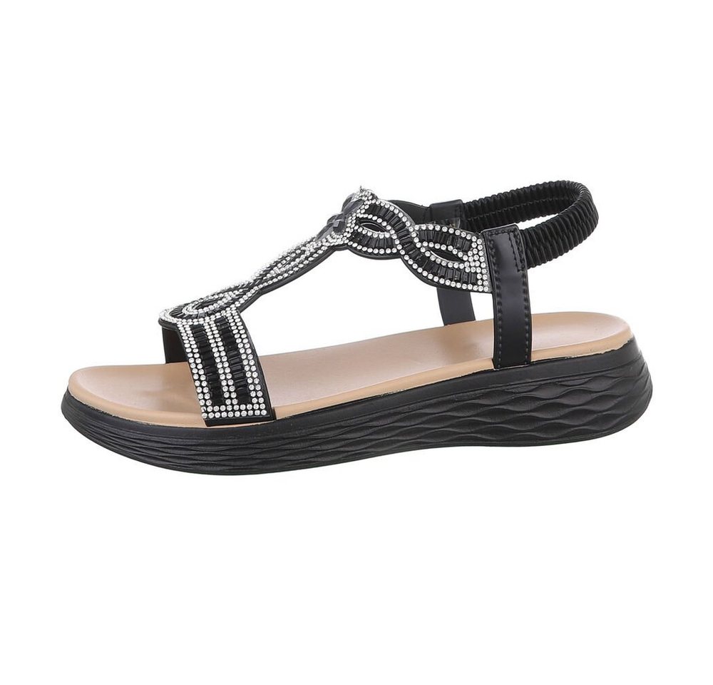Ital-Design Damen Freizeit Riemchensandalette Keilabsatz/Wedge Keilsandaletten in Schwarz (schwarz)