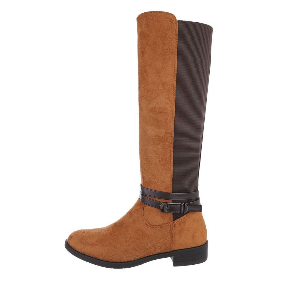 Ital-Design Damen Freizeit Stiefel Blockabsatz Flache Stiefel in Camel