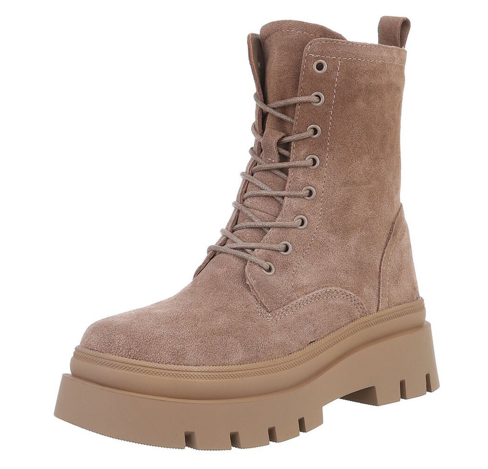 Ital-Design Damen Freizeitschnürschuhe aus echtem Wildleder Schnürstiefelette (88489358) Blockabsatz Stiefeletten in Hellbraun