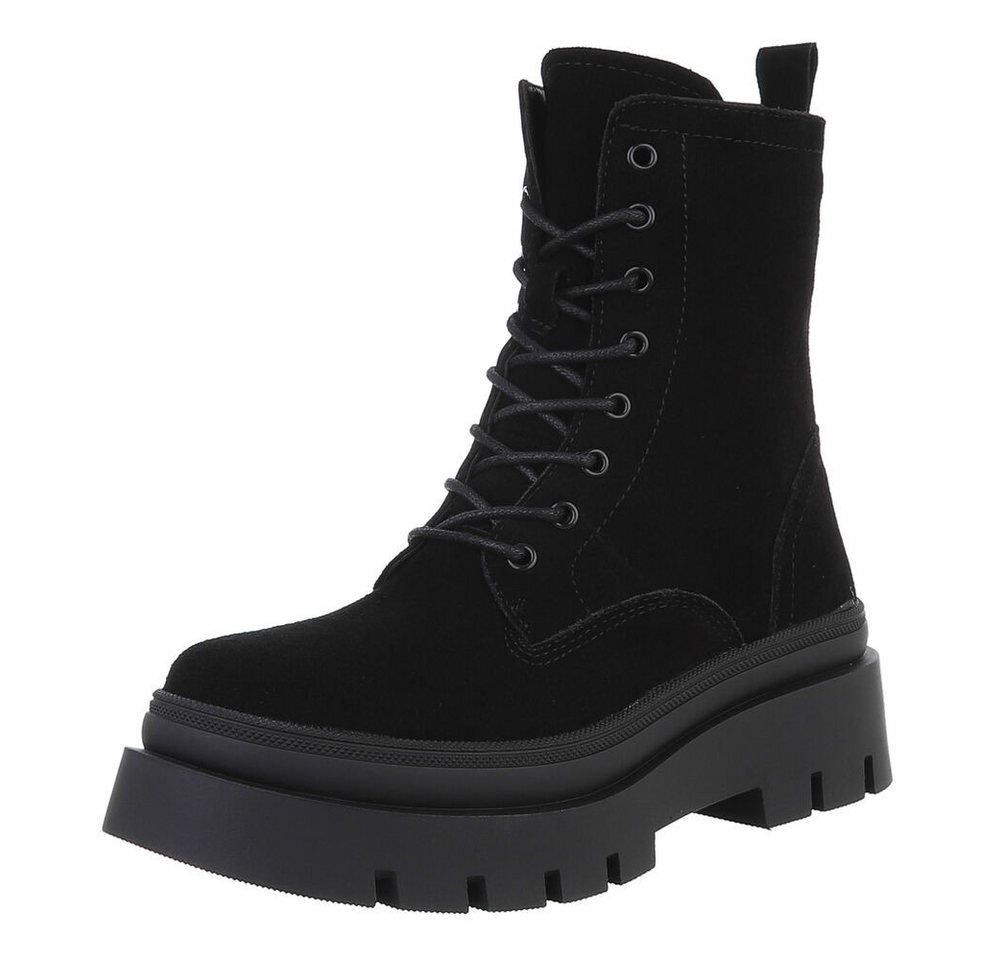 Ital-Design Damen Freizeitschnürschuhe aus echtem Wildleder Schnürstiefelette (88489364) Blockabsatz Stiefeletten in Schwarz