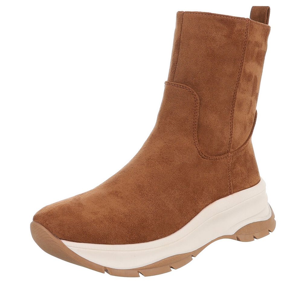 Ital-Design Damen Freizeitstiefel mit flexibel Gummizug und Komfort Plateaustiefelette (90649082) Keilabsatz/Wedge Stiefeletten in Camel