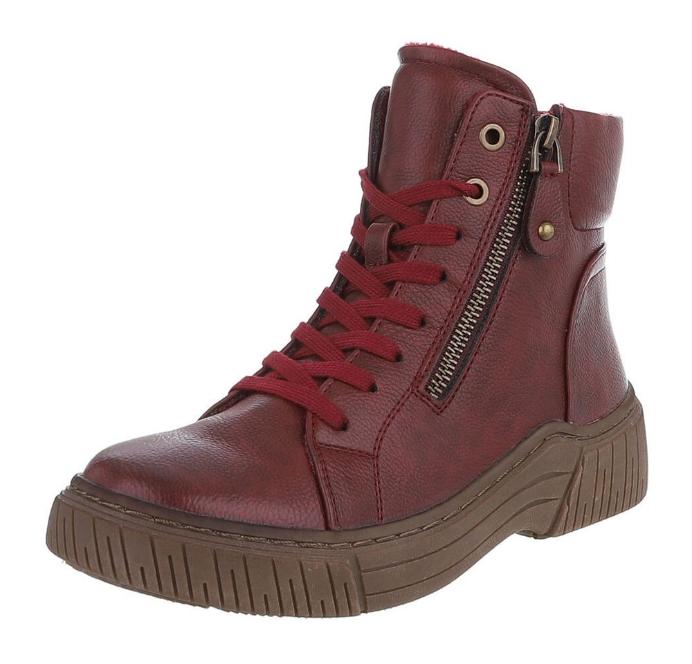 Ital-Design Damen Halbschuh mit Reißverschluss und Schnürung Schnürstiefelette (90598677) Flach Stiefeletten in Weinrot