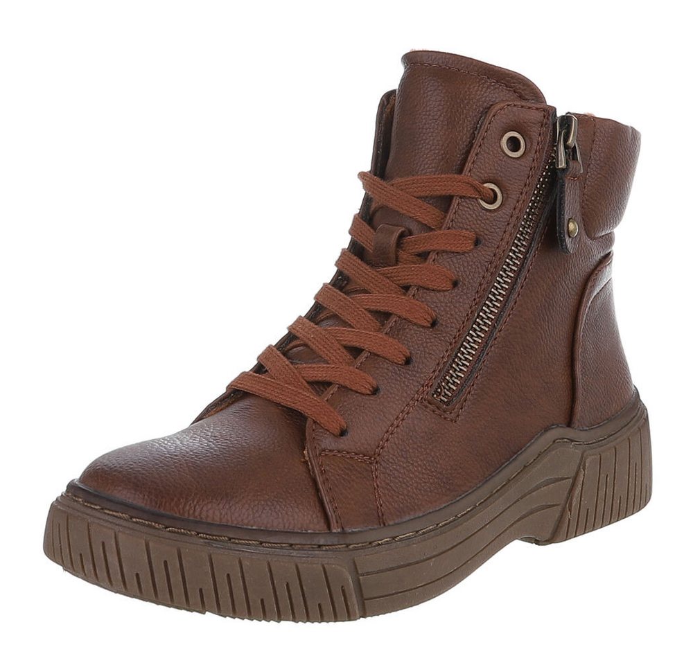 Ital-Design Damen Halbschuh mit Reißverschluss und Schnürung Schnürstiefelette (90598690) Flach Stiefeletten in Braun