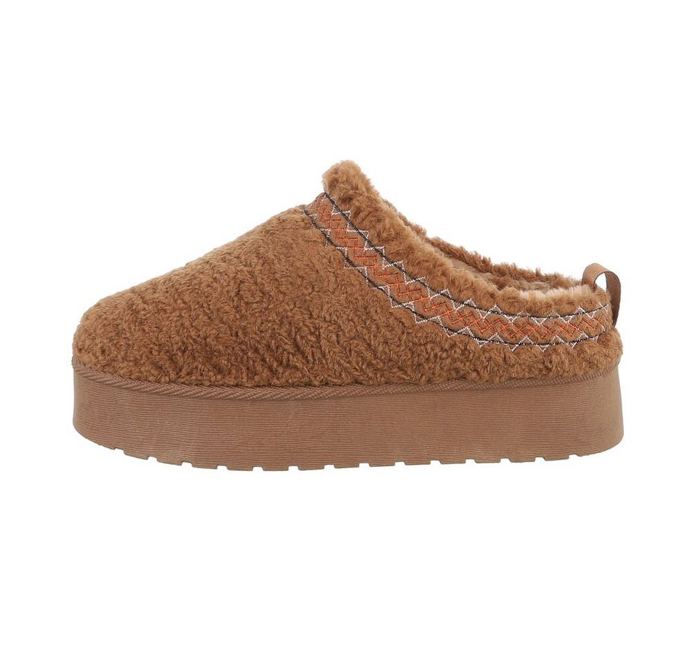 Ital-Design Damen Hausschuhe Freizeit Hausschuh (85135978) Keilabsatz/Wedge Hausschuhe in Camel