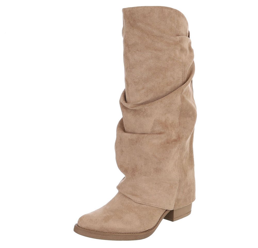 Ital-Design Damen Kniehochstiefel mit Blockabsatz, Schlupfform Westernstiefel (92078795) Blockabsatz Stiefel in Hellbraun
