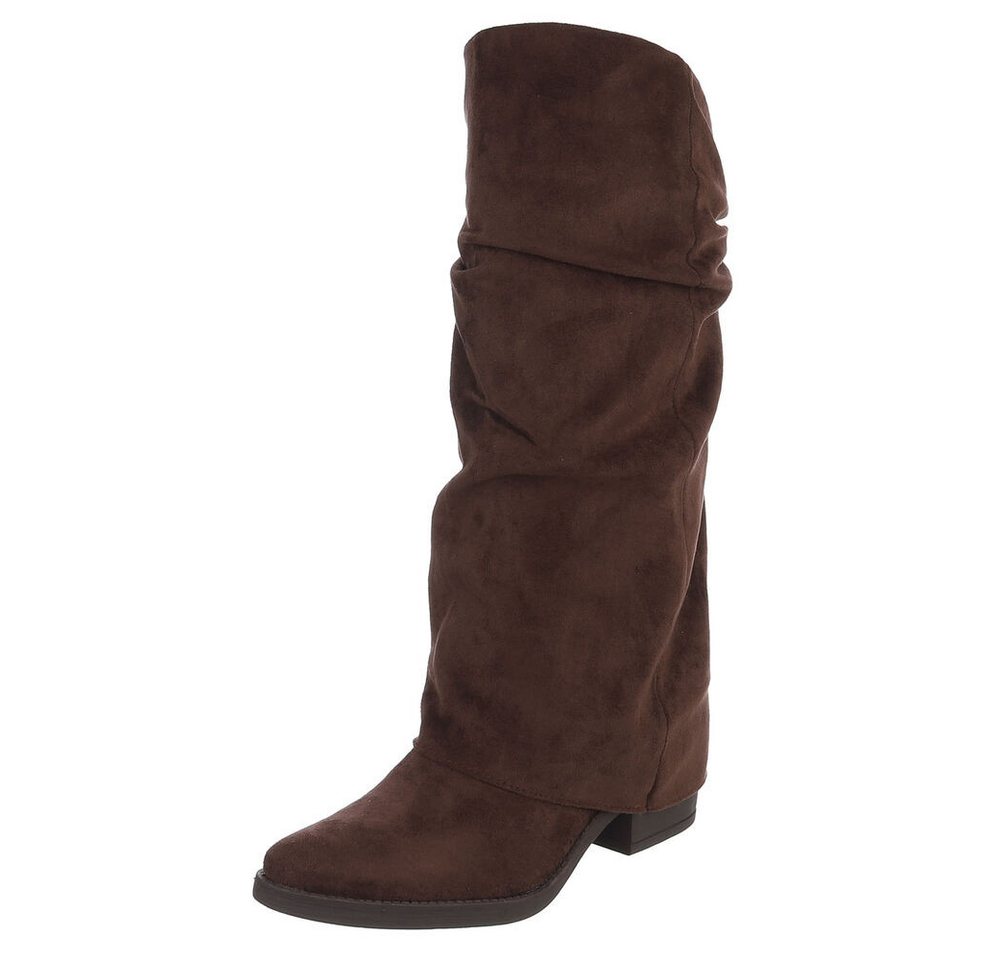 Ital-Design Damen Kniehochstiefel mit Blockabsatz, Schlupfform Westernstiefel (92078802) Blockabsatz Stiefel in Braun