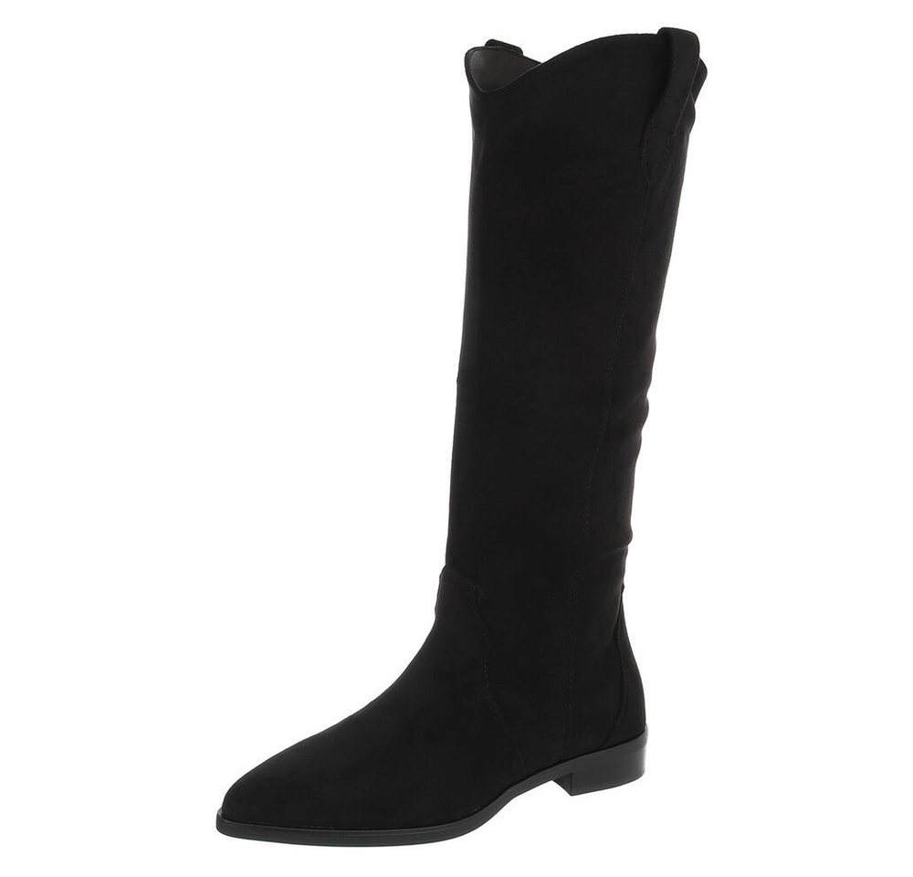 Ital-Design Damen Kniehohe Stiefel in Wildleder-Optik mit Blockabsatz Westernstiefel (92078829) Blockabsatz Flache Stiefel in Schwarz