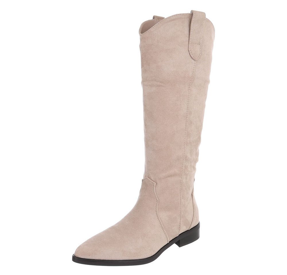 Ital-Design Damen Kniehohe Stiefel in Wildleder-Optik mit Blockabsatz Westernstiefel (92078836) Blockabsatz Flache Stiefel in Beige