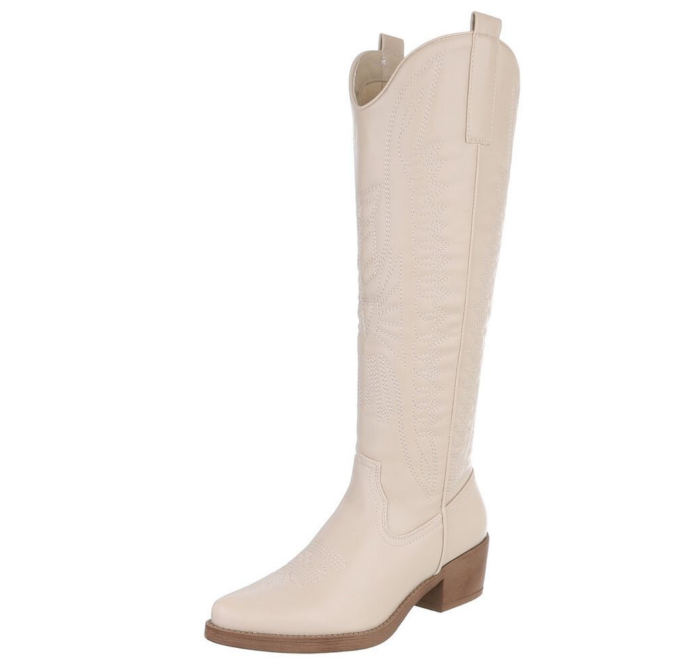 Ital-Design Damen Kniehohe Stiefel mit eleganter Stickerei Westernstiefel (89937845) Blockabsatz Stiefel in Beige