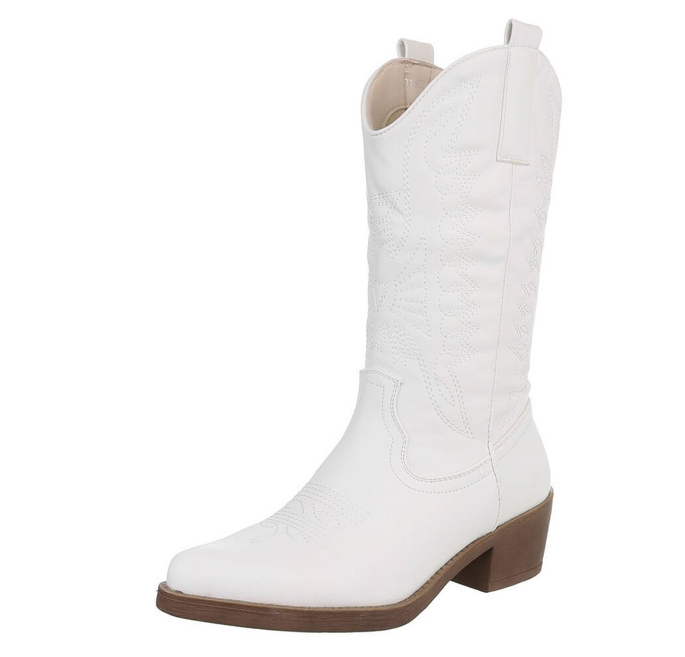 Ital-Design Damen Kniehohe Western-Stiefel mit Stickerei und Blockabsatz Westernstiefel (77888486) Blockabsatz Stiefel in Weiß