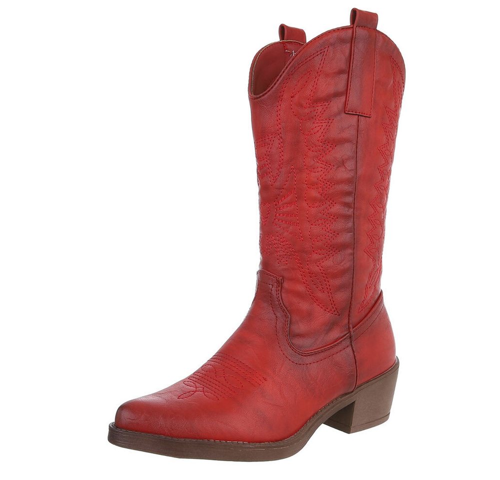 Ital-Design Damen Kniehohe Western-Stiefel mit Stickerei und Blockabsatz Westernstiefel (89938055) Blockabsatz Stiefel in Rot