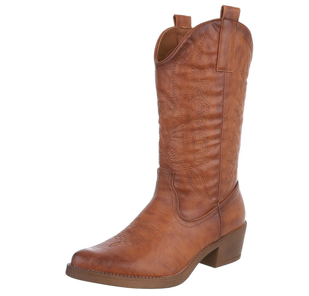 Ital-Design Damen Kniehohe Western-Stiefel mit Stickerei und Blockabsatz Westernstiefel (89938073) Blockabsatz Stiefel in Camel
