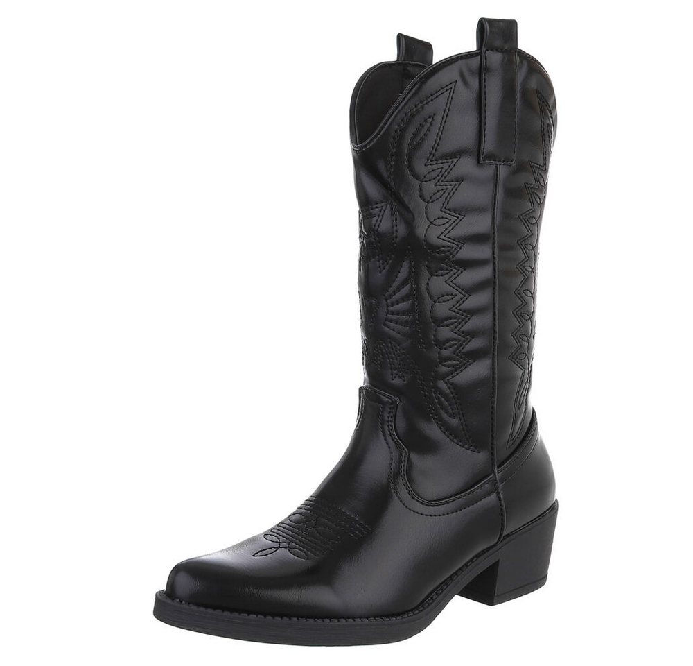 Ital-Design Damen Kniehohe Western-Stiefel mit Stickerei und Blockabsatz Westernstiefel (89938080) Blockabsatz Stiefel in Schwarz