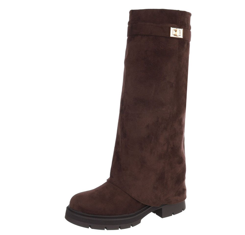 Ital-Design Damen Kniehoher Stiefel mit Profilsohle Plateaustiefel (91977434) Blockabsatz Stiefel in Braun