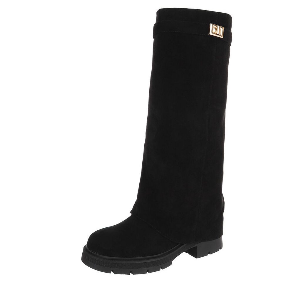 Ital-Design Damen Kniehoher Stiefel mit Profilsohle Plateaustiefel (91977436) Blockabsatz Stiefel in Schwarz
