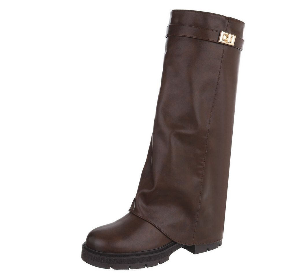 Ital-Design Damen Kniehoher Stiefel mit Profilsohle und Detail Plateaustiefel (91977444) Blockabsatz Stiefel in Braun