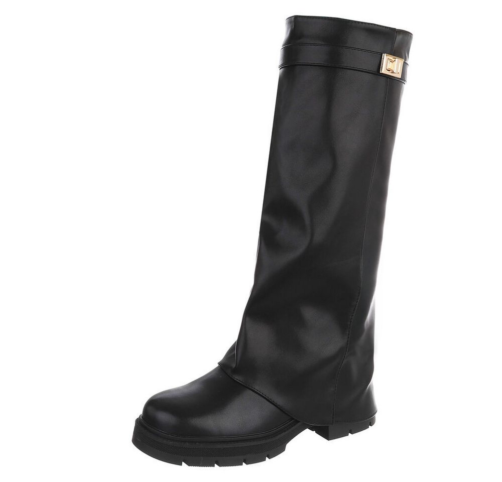 Ital-Design Damen Kniehoher Stiefel mit Profilsohle und Detail Plateaustiefel (91977448) Blockabsatz Stiefel in Schwarz