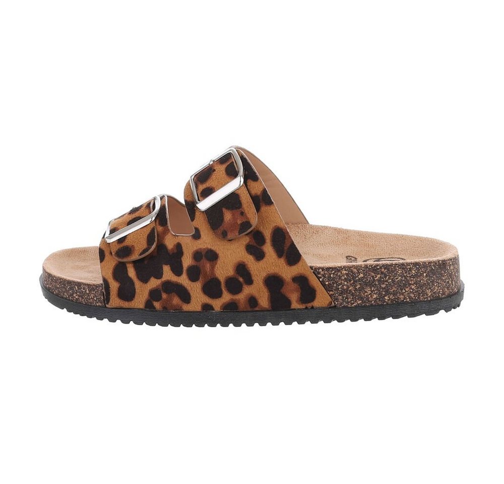 Ital-Design Damen Komfort Sandale mit Schnallen für Freizeit und Alltag Pantolette (79389771) Flach Pantoletten in Leo