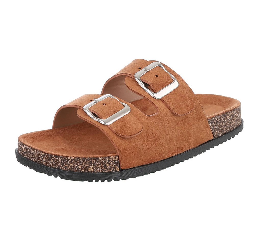 Ital-Design Damen Komfort Sandale mit Schnallen für Freizeit und Alltag Pantolette (91117290) Flach Pantoletten in Camel