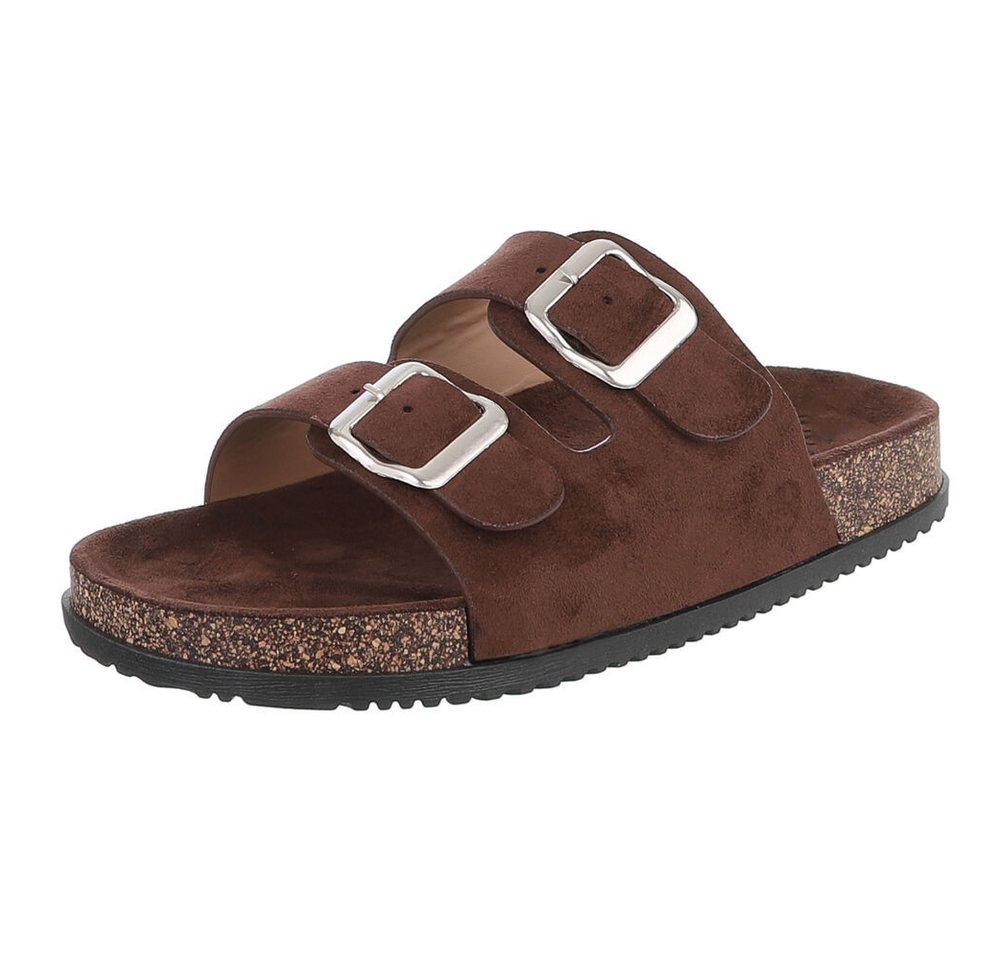 Ital-Design Damen Komfort Sandale mit Schnallen für Freizeit und Alltag Pantolette (91117296) Flach Pantoletten in Braun