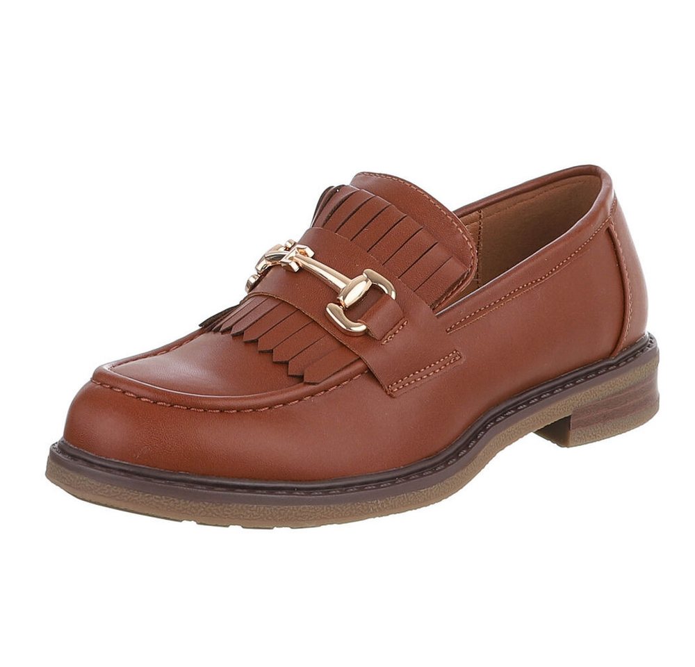 Ital-Design Damen Loafer mit Fransen und Schnalle Slipper (91742732) Blockabsatz Mokassins in Camel