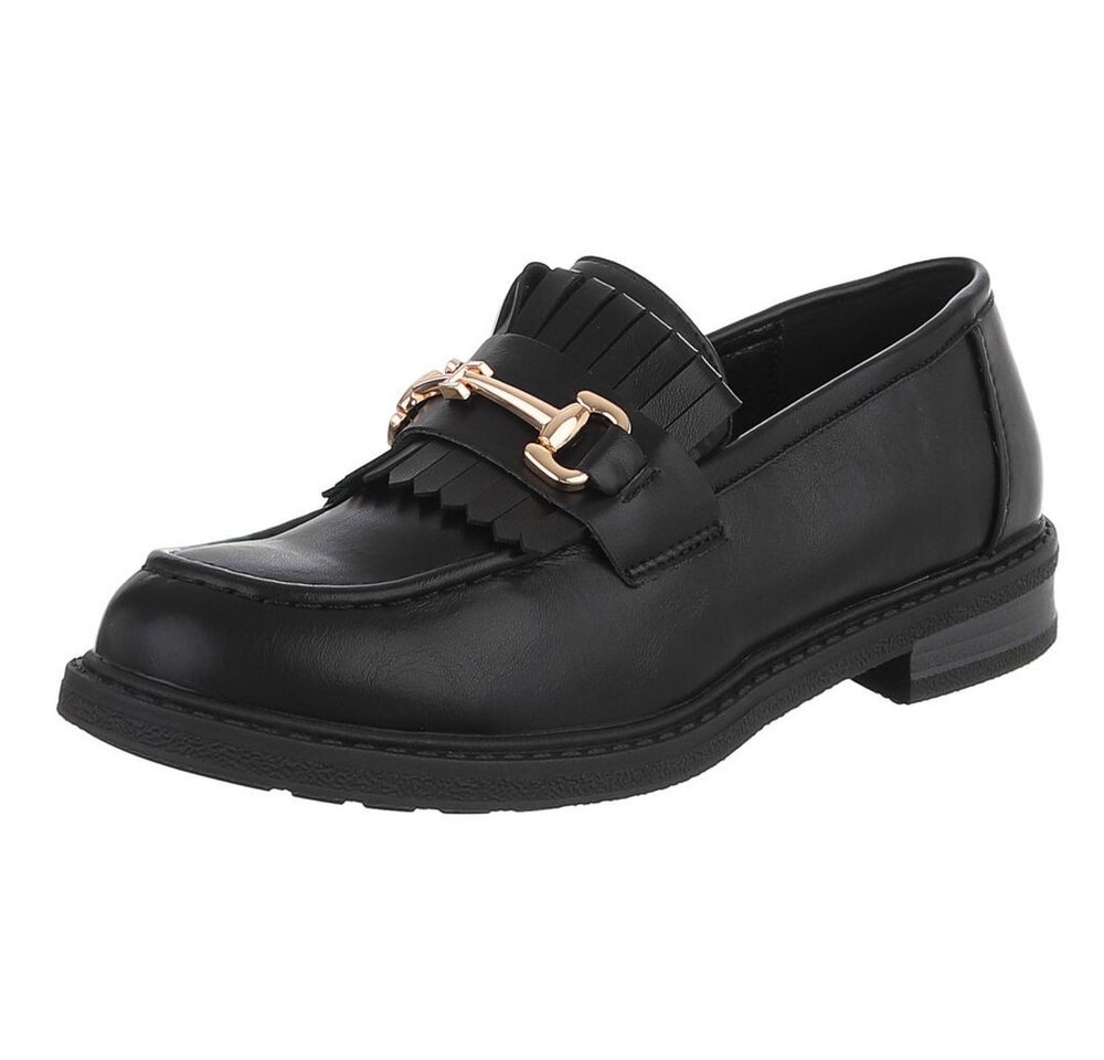 Ital-Design Damen Loafer mit Fransen und Schnalle Slipper (91742738) Blockabsatz Mokassins in Schwarz
