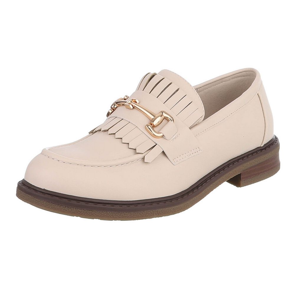 Ital-Design Damen Loafer mit Fransen und Schnalle Slipper (91742741) Blockabsatz Mokassins in Beige