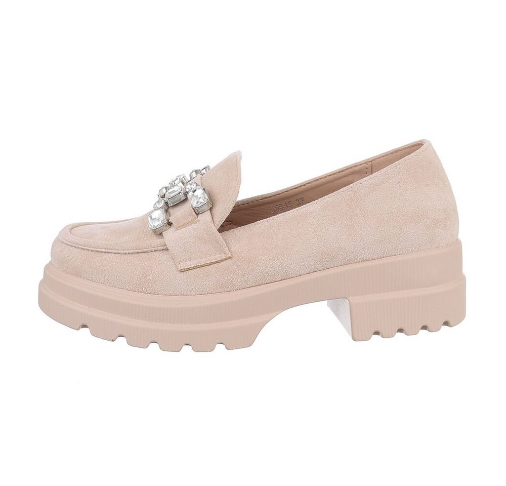 Ital-Design Damen Mokassins Freizeit Slipper Blockabsatz Mokassins in Beige