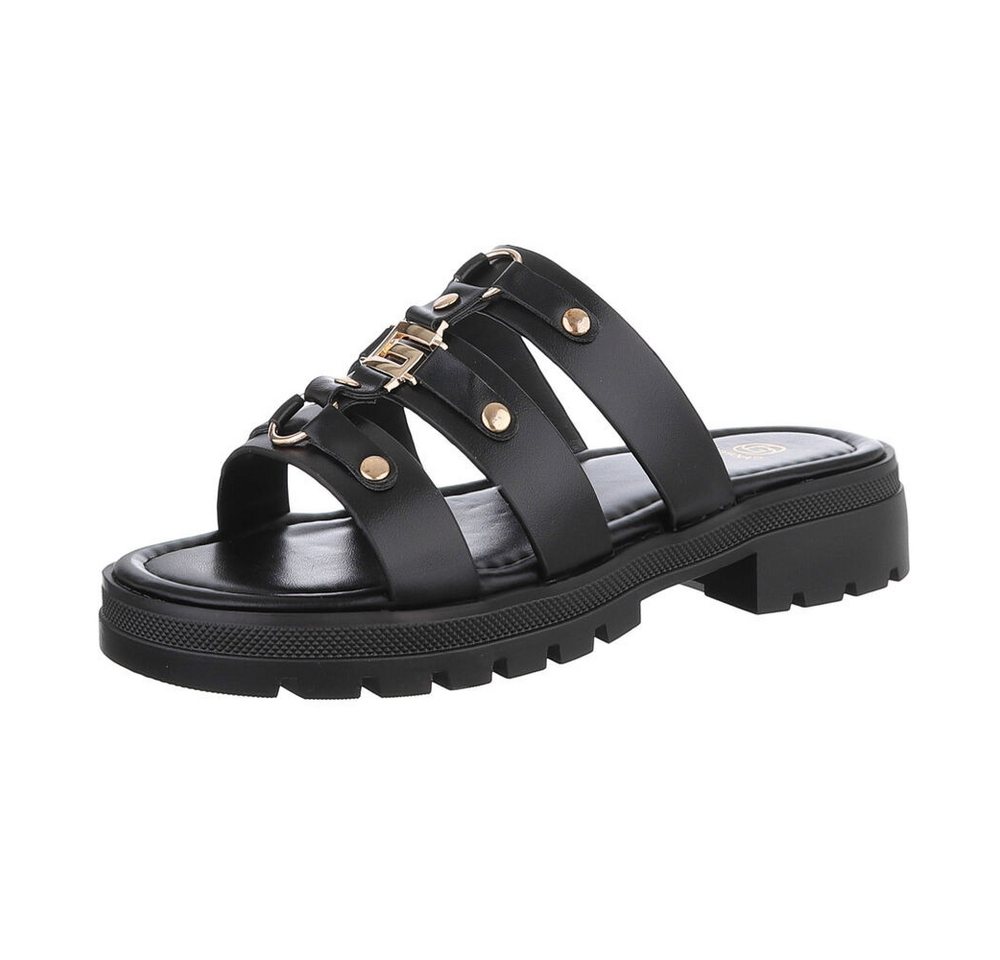 Ital-Design Damen Mules Freizeit Pantolette (86526991) Blockabsatz Pantoletten in Schwarz