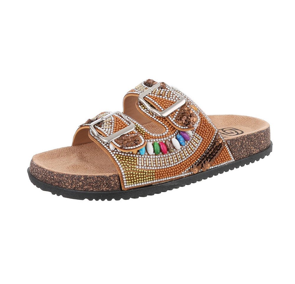 Ital-Design Damen Mules Freizeit Pantolette (86706522) Flach Pantoletten in Camel