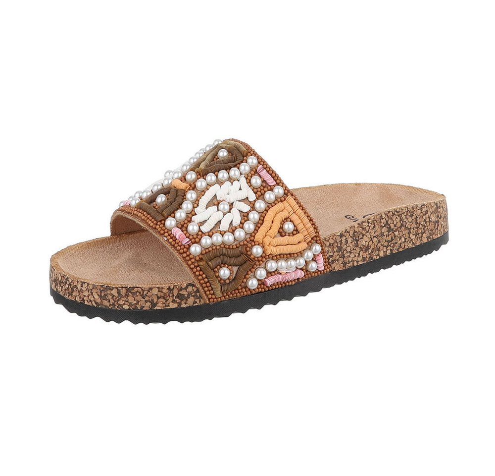 Ital-Design Damen Mules Freizeit Pantolette (86706654) Flach Pantoletten in Camel