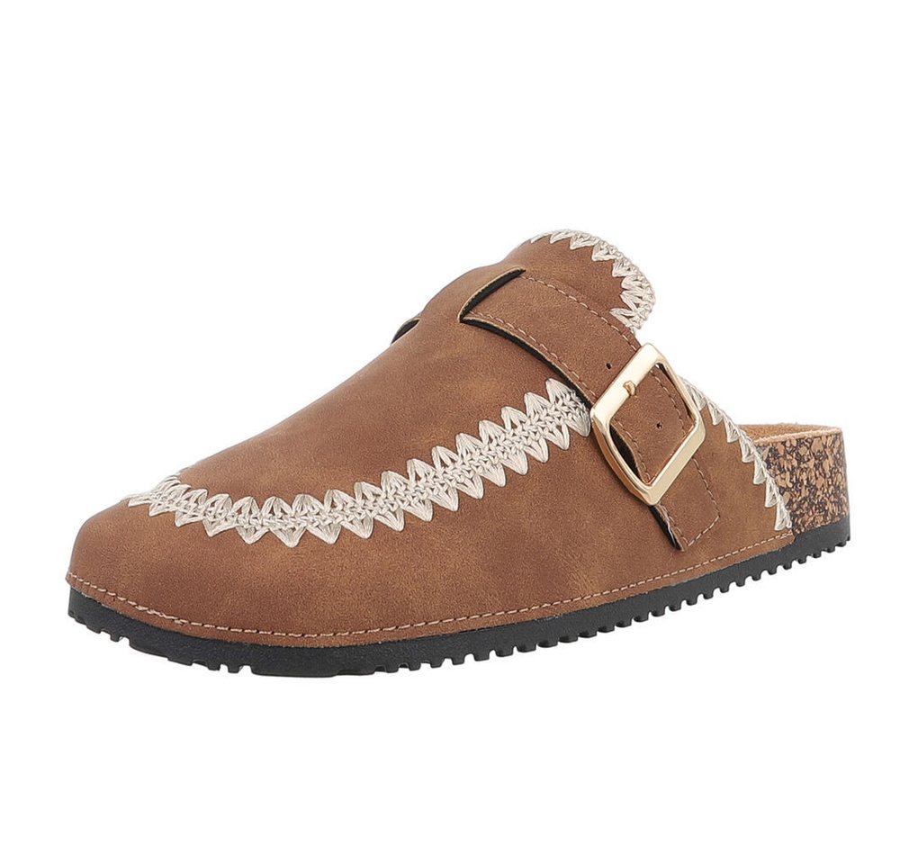 Ital-Design Damen Mules Freizeit Pantolette (88930341) Flach Pantoletten in Camel